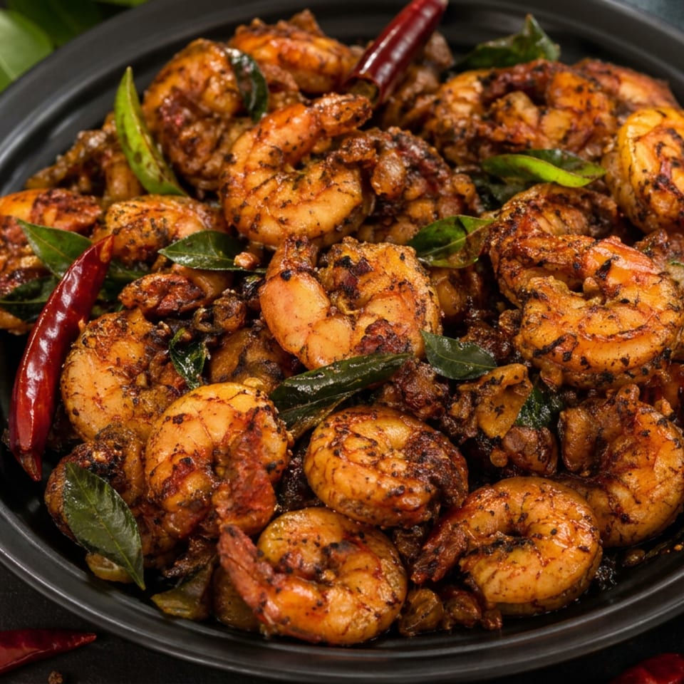 Spicy sautéed shrimp garnished with curry leaves and dried red chilies in a black serving bowl.