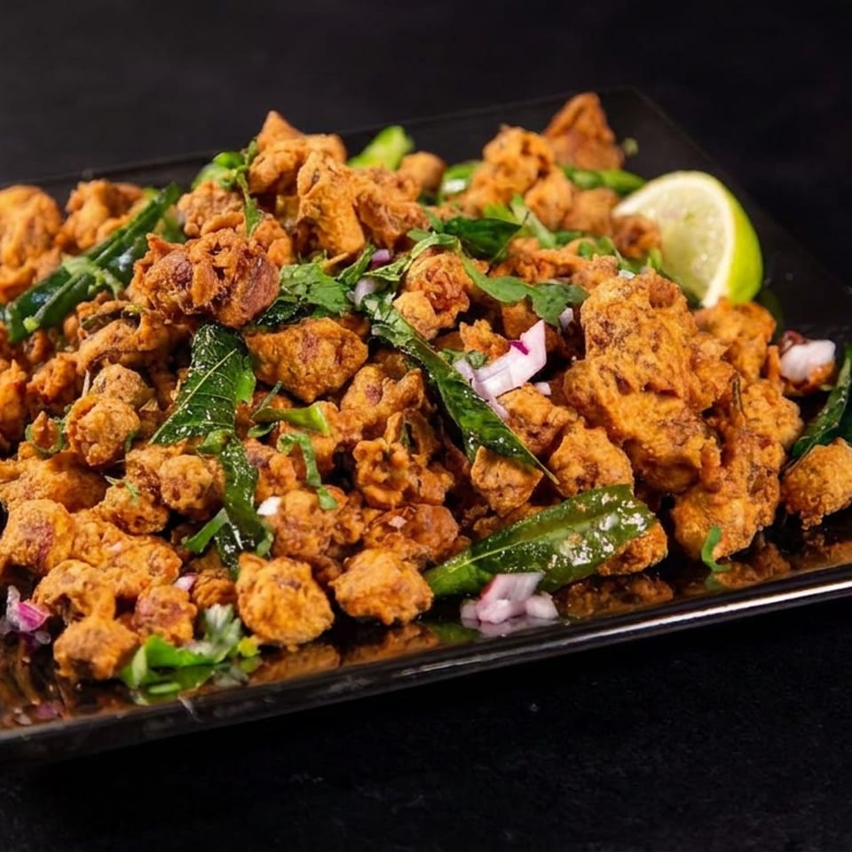 Crispy golden fried chicken pieces garnished with herbs, green chilies, onions, and lime on a black platter.