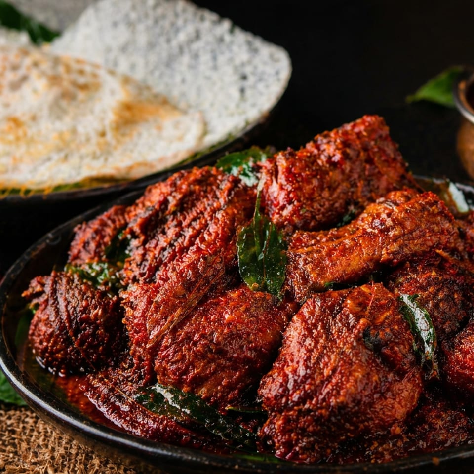Plate of spicy fried chicken garnished with curry leaves, served with flatbread and red chutney.