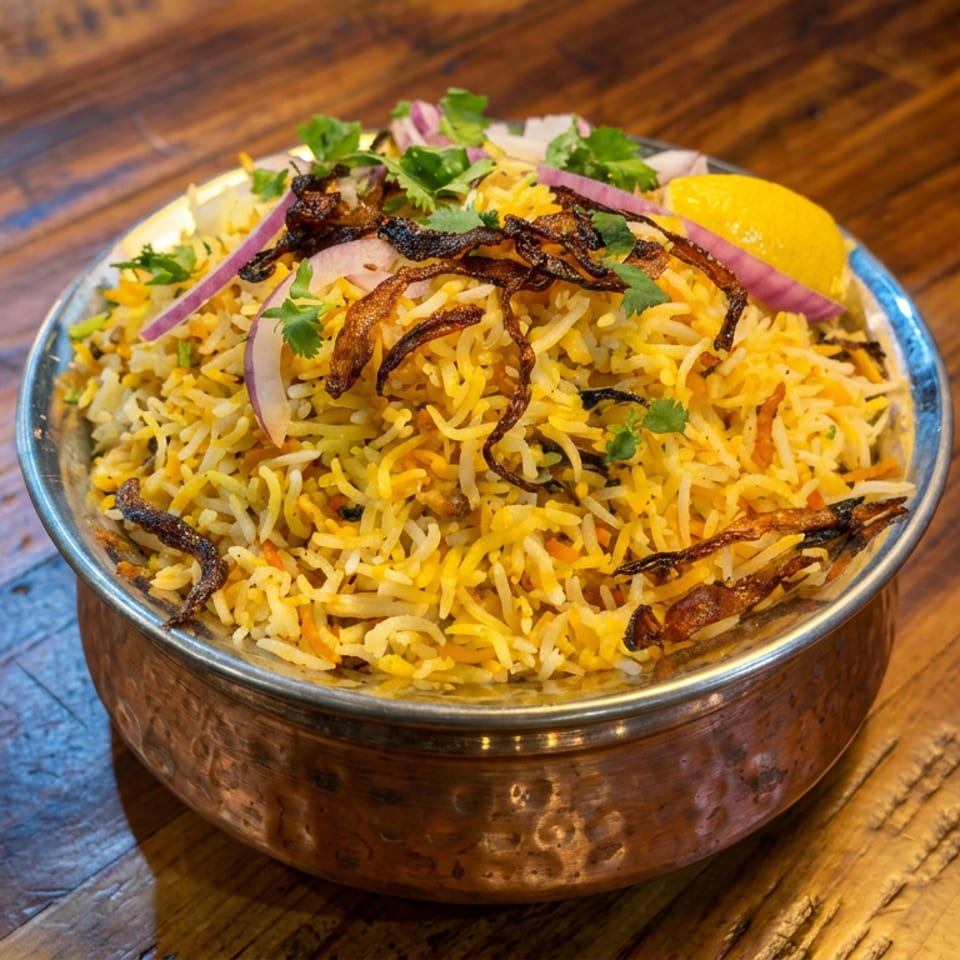 Fragrant biryani rice topped with crispy fried onions, cilantro, and red onion in a hammered metal bowl on a wooden table.