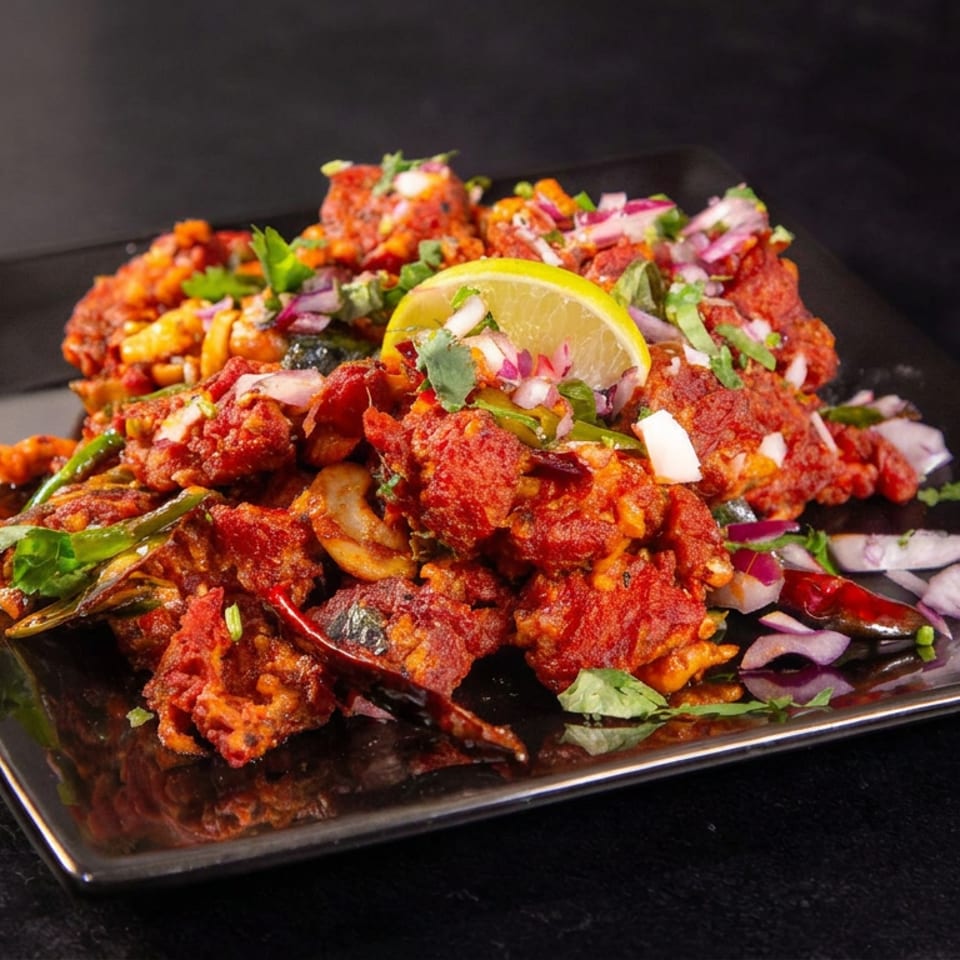 Spicy red-fried appetizer piled on a black plate, garnished with cilantro, red onion, chilies, and a lime wedge.