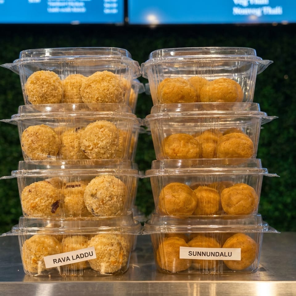 Stacks of clear containers display golden Indian sweets labeled Rava Laddu and Sunnundalu on a restaurant counter.