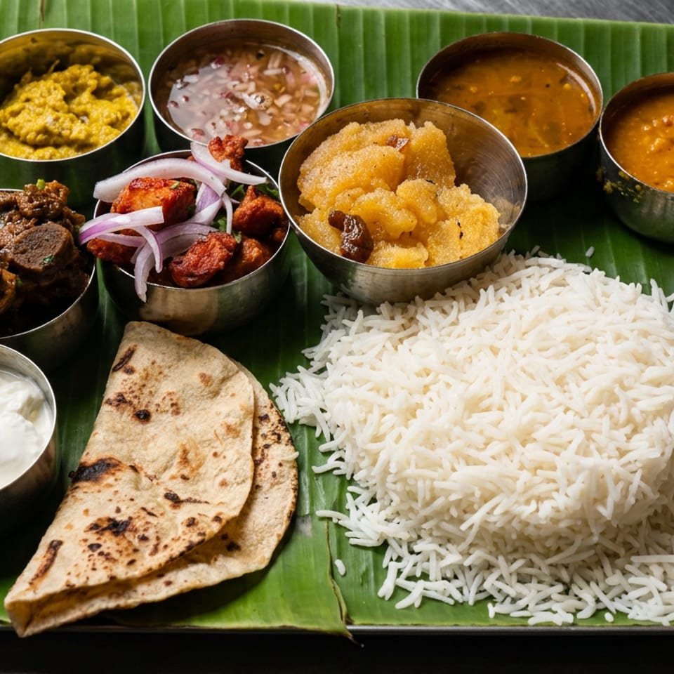 Indian thali served on a banana leaf with rice, flatbreads, curries, vegetables, chutneys, yogurt, and dessert.