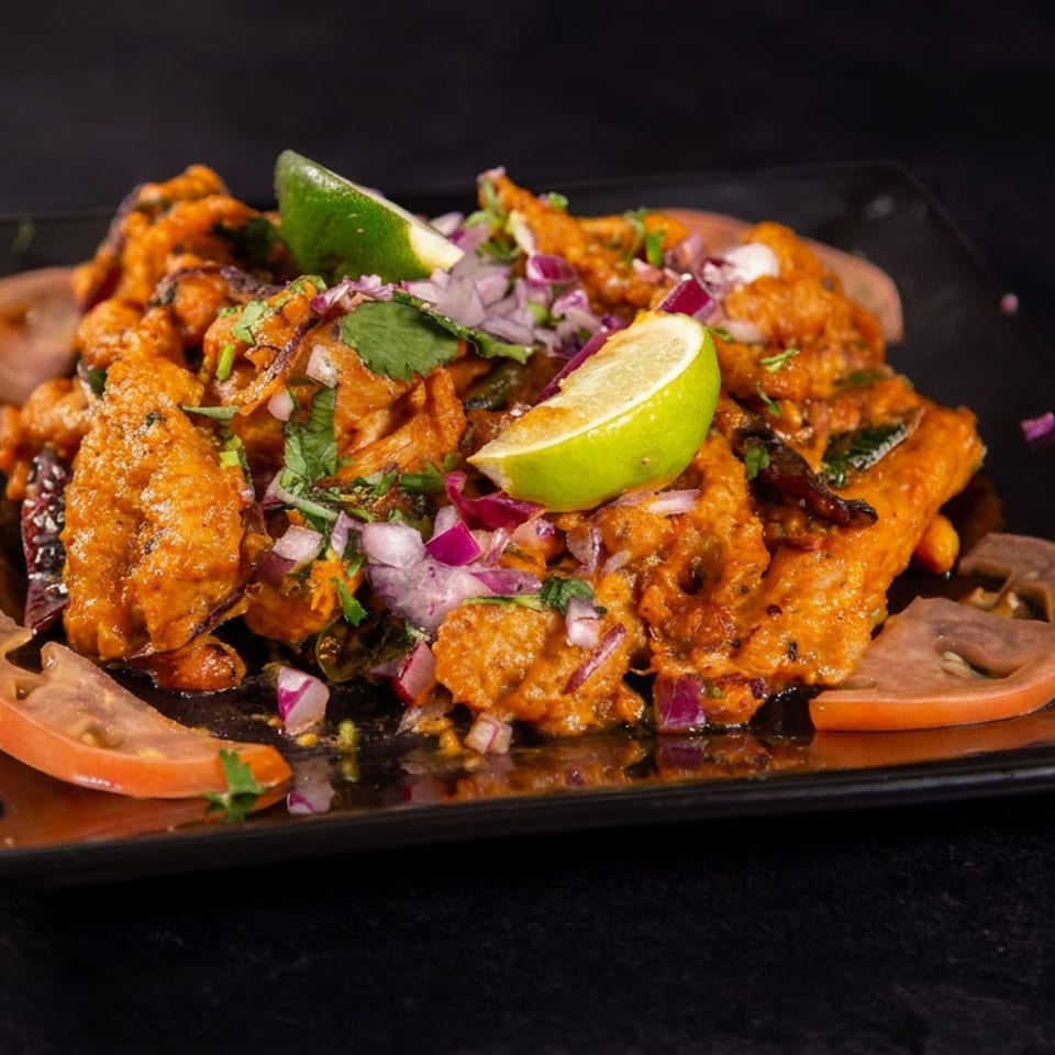 Crispy spiced fritters topped with cilantro, red onion, and lime wedges on a black plate with tomato slices.