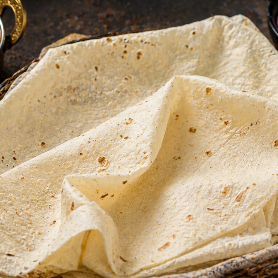 Stack of soft flatbreads in a woven basket, served with spicy curry, sliced onions, cilantro, and lime.