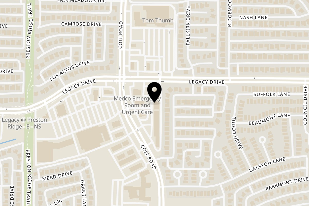 Map showing the location of Eat Street Indian Kitchen on 3948 Legacy Dr #112 in Plano